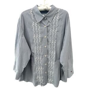 TOMMY HILFIGER Blue White Striped Embroidered Button Front Blouse Top | Size 24W